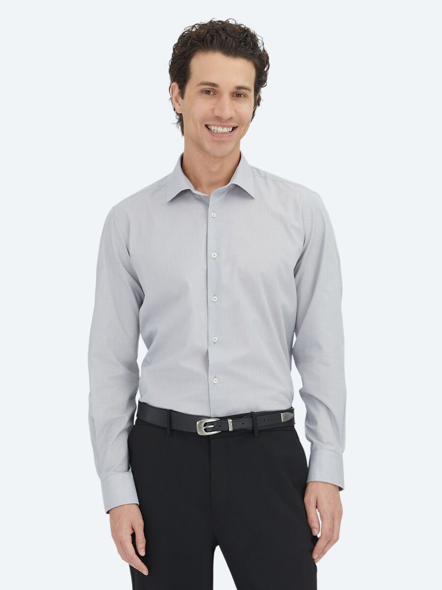 Grey Regular Fit Weaving Classical Cotton Blended Shirt - 1