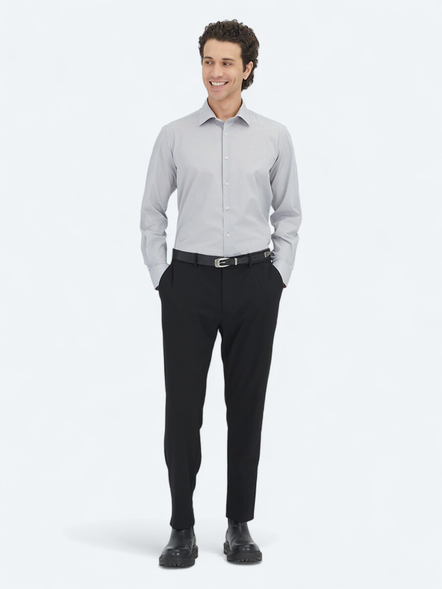 Grey Regular Fit Weaving Classical Cotton Blended Shirt - KİP
