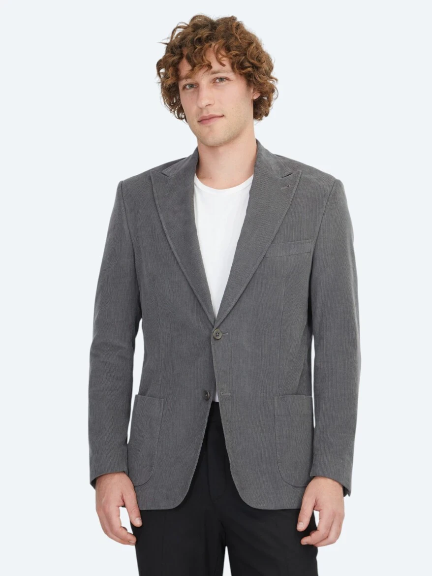 Grey Ribbed Modern Fit 100% Cotton Jacket - KİP