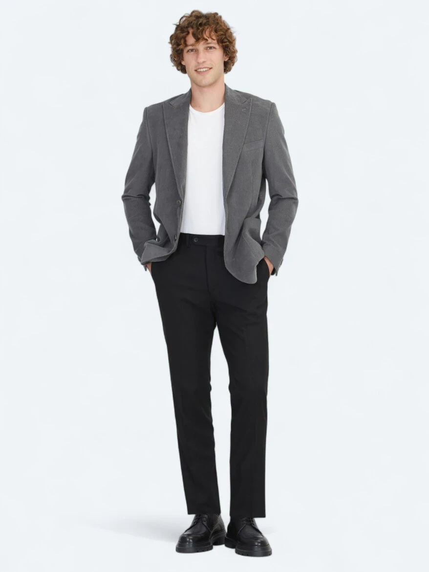 Grey Ribbed Modern Fit 100% Cotton Jacket - KİP