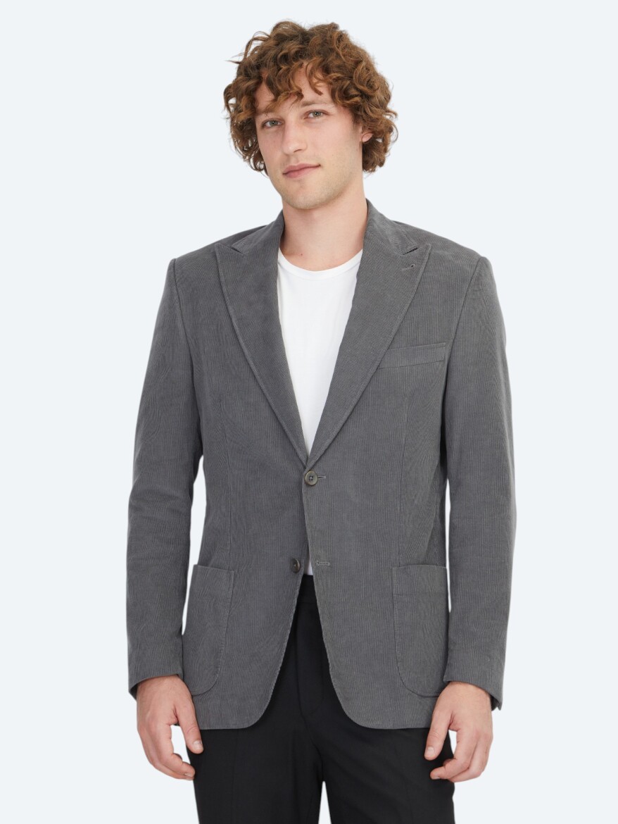 Grey Ribbed Modern Fit 100% Cotton Jacket - KİP