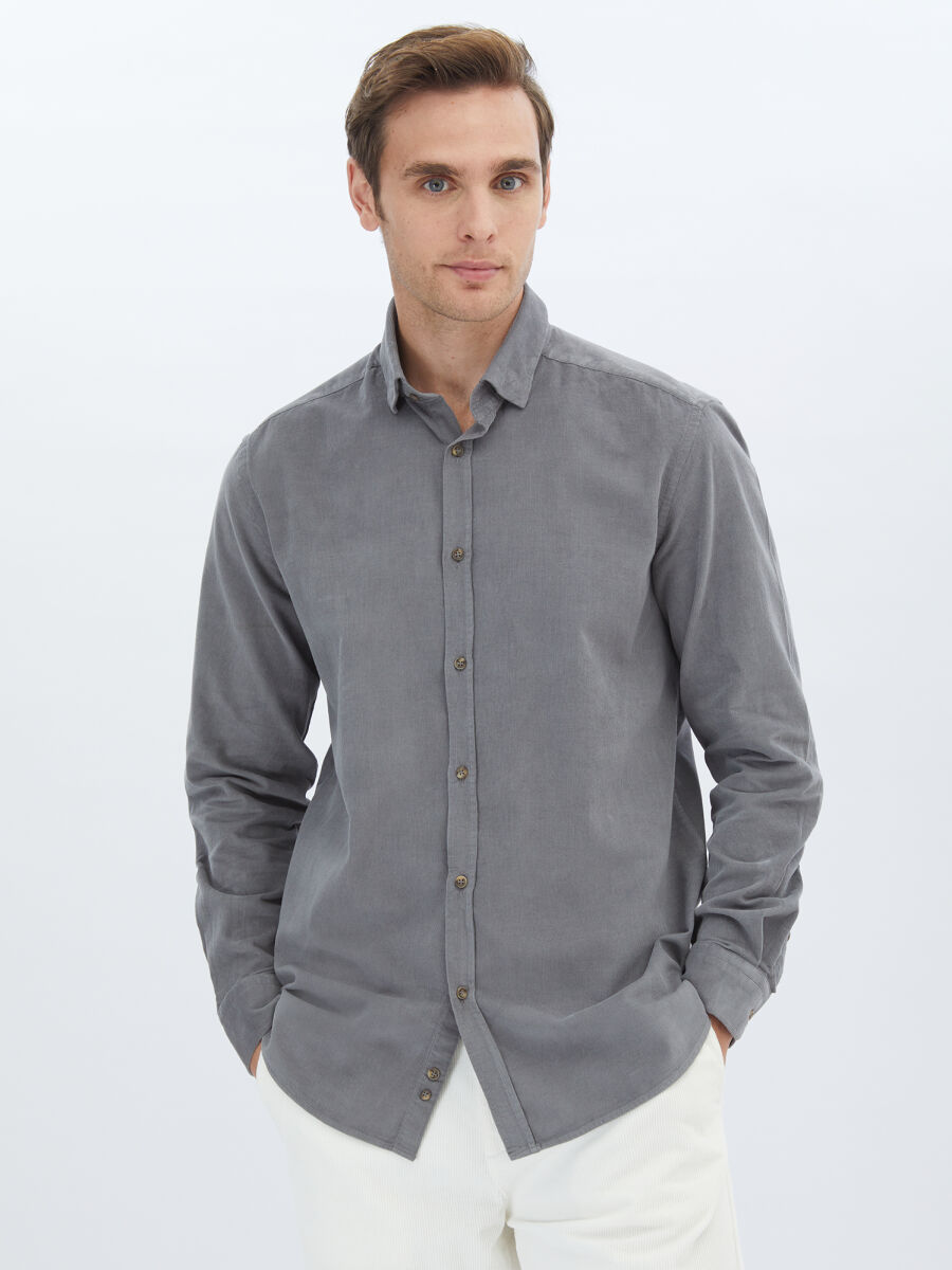 Grey Ribbed Regular Fit Long Weaving Casual 100% Cotton Shirt - 1