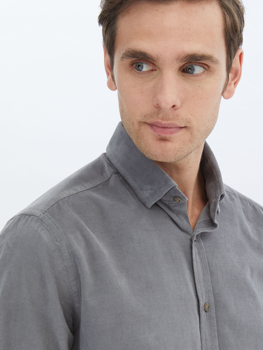 Grey Ribbed Regular Fit Long Weaving Casual 100% Cotton Shirt - 3
