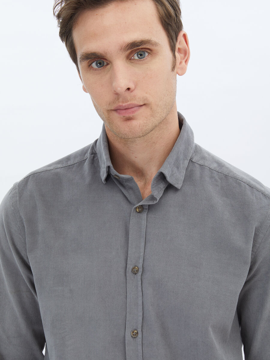 Grey Ribbed Regular Fit Long Weaving Casual 100% Cotton Shirt - 4