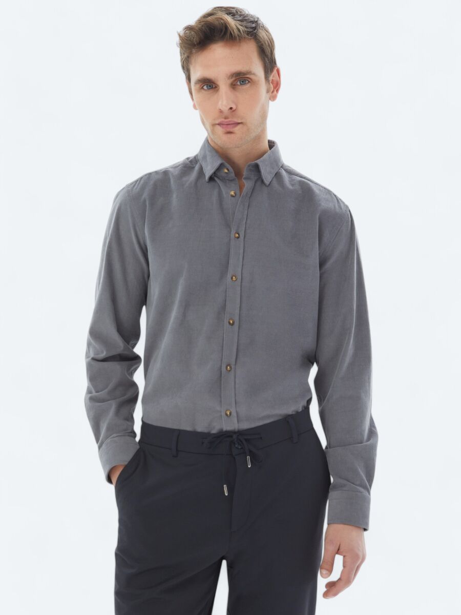 Grey Ribbed Regular Fit Long Weaving Casual 100% Cotton Shirt - 1