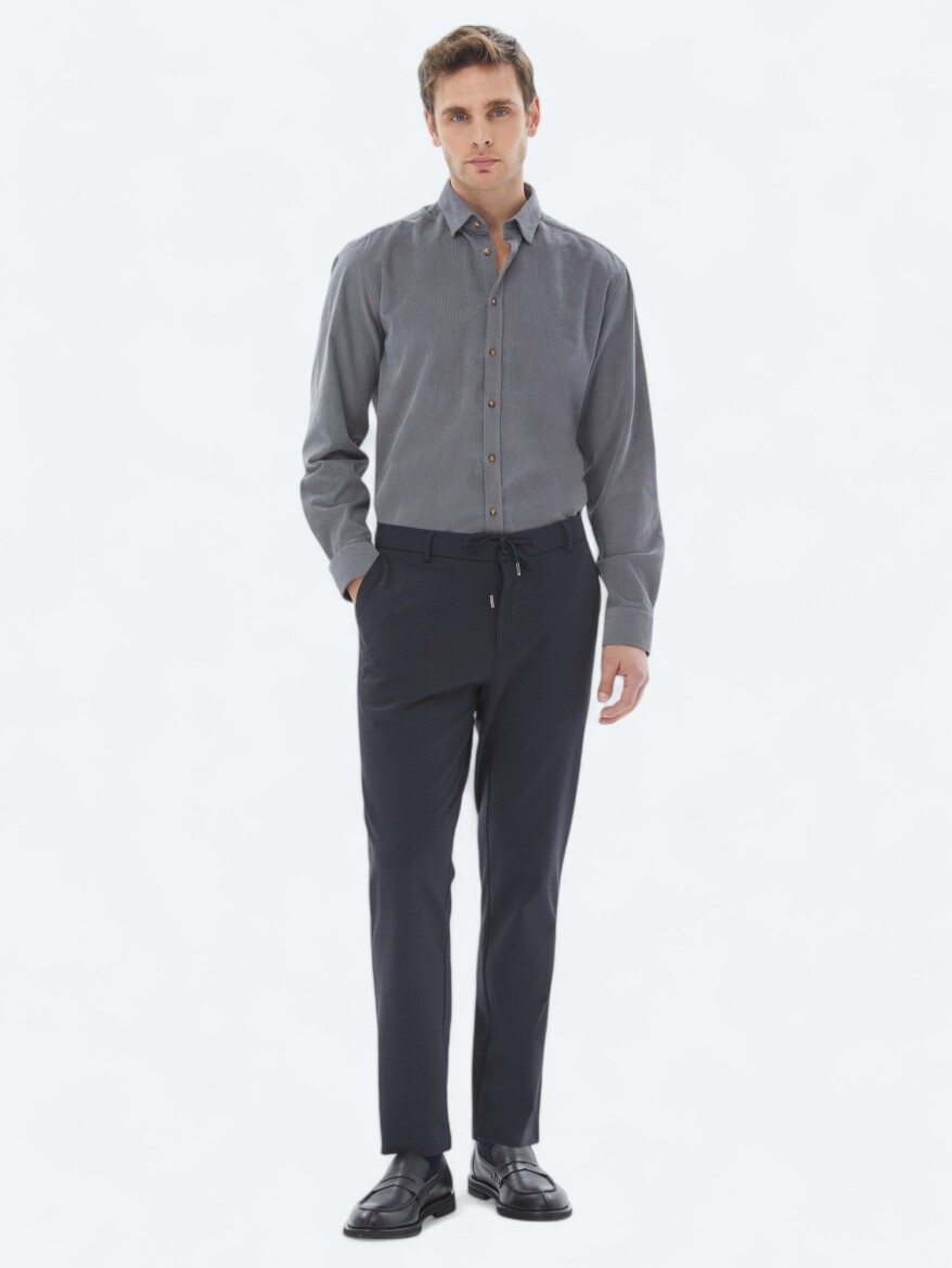 Grey Ribbed Regular Fit Long Weaving Casual 100% Cotton Shirt - 3