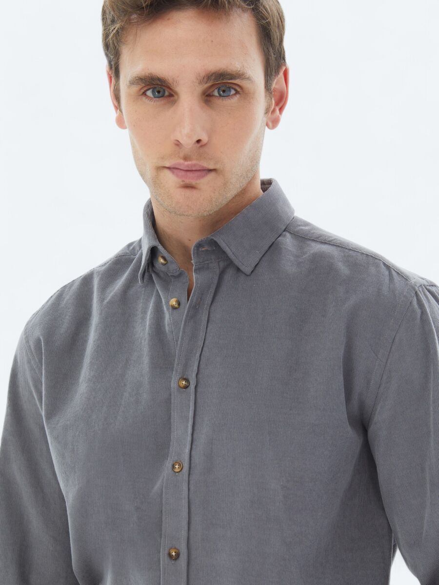 Grey Ribbed Regular Fit Long Weaving Casual 100% Cotton Shirt - 4