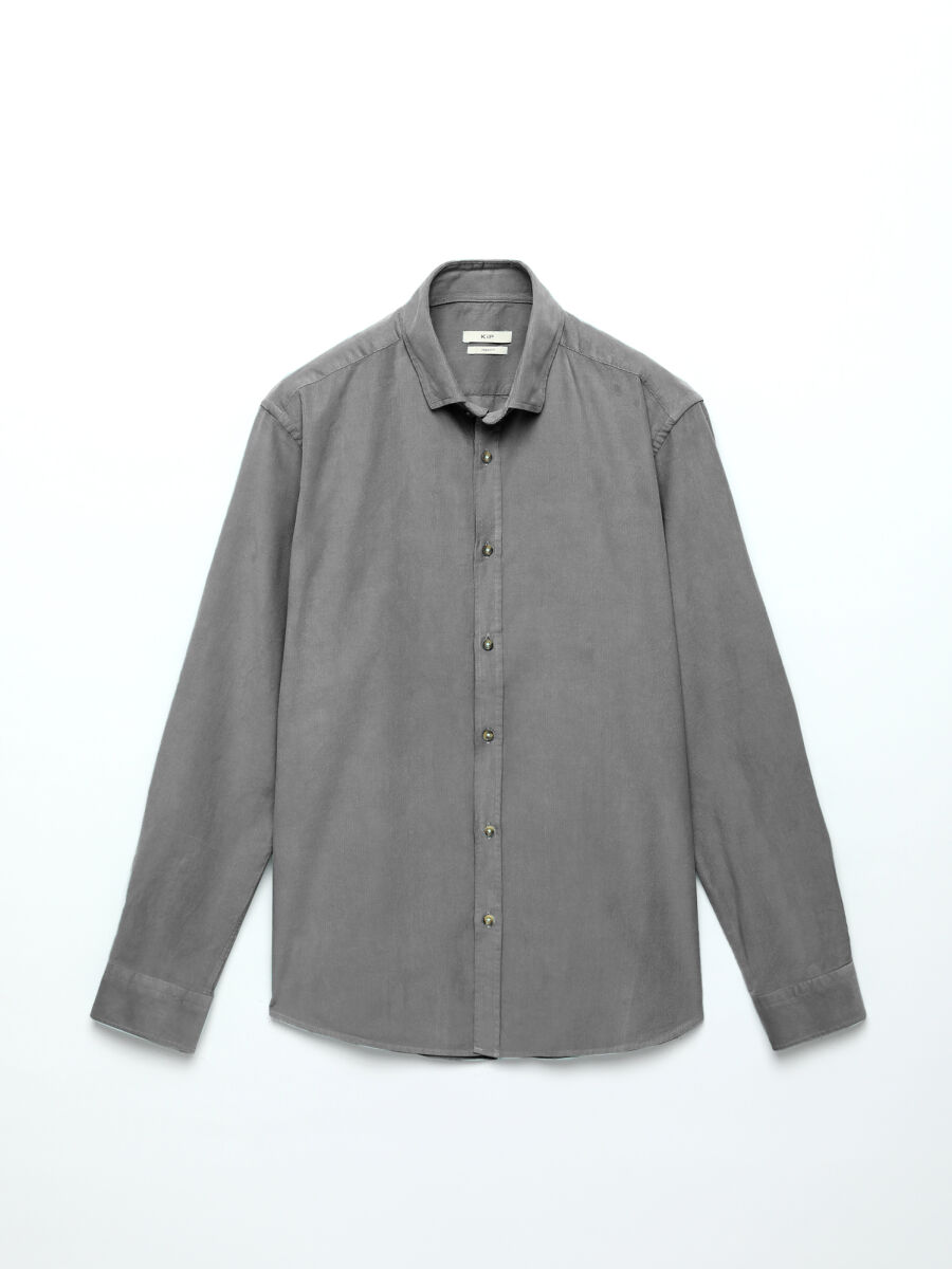 Grey Ribbed Regular Fit Long Weaving Casual 100% Cotton Shirt - 7