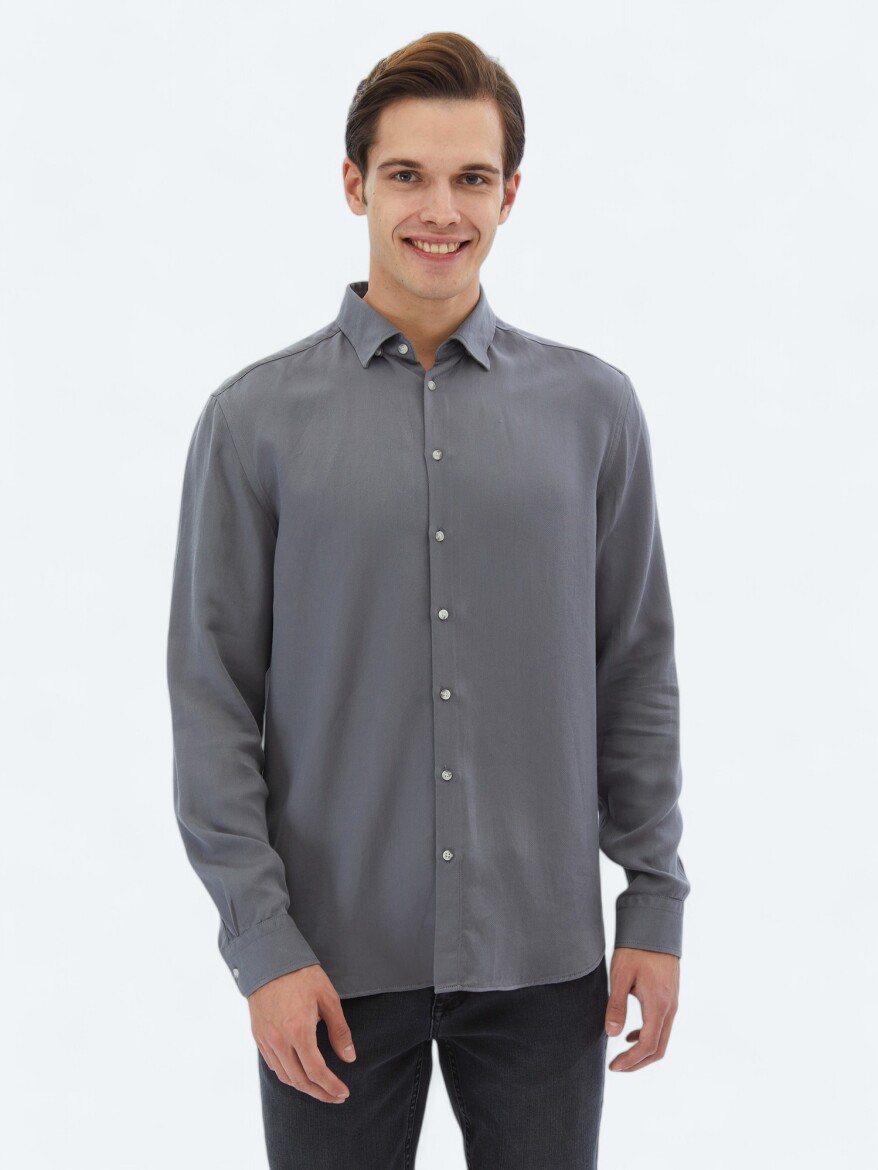 Grey Ribbed Regular Fit Long Weaving Casual Shirt - 1