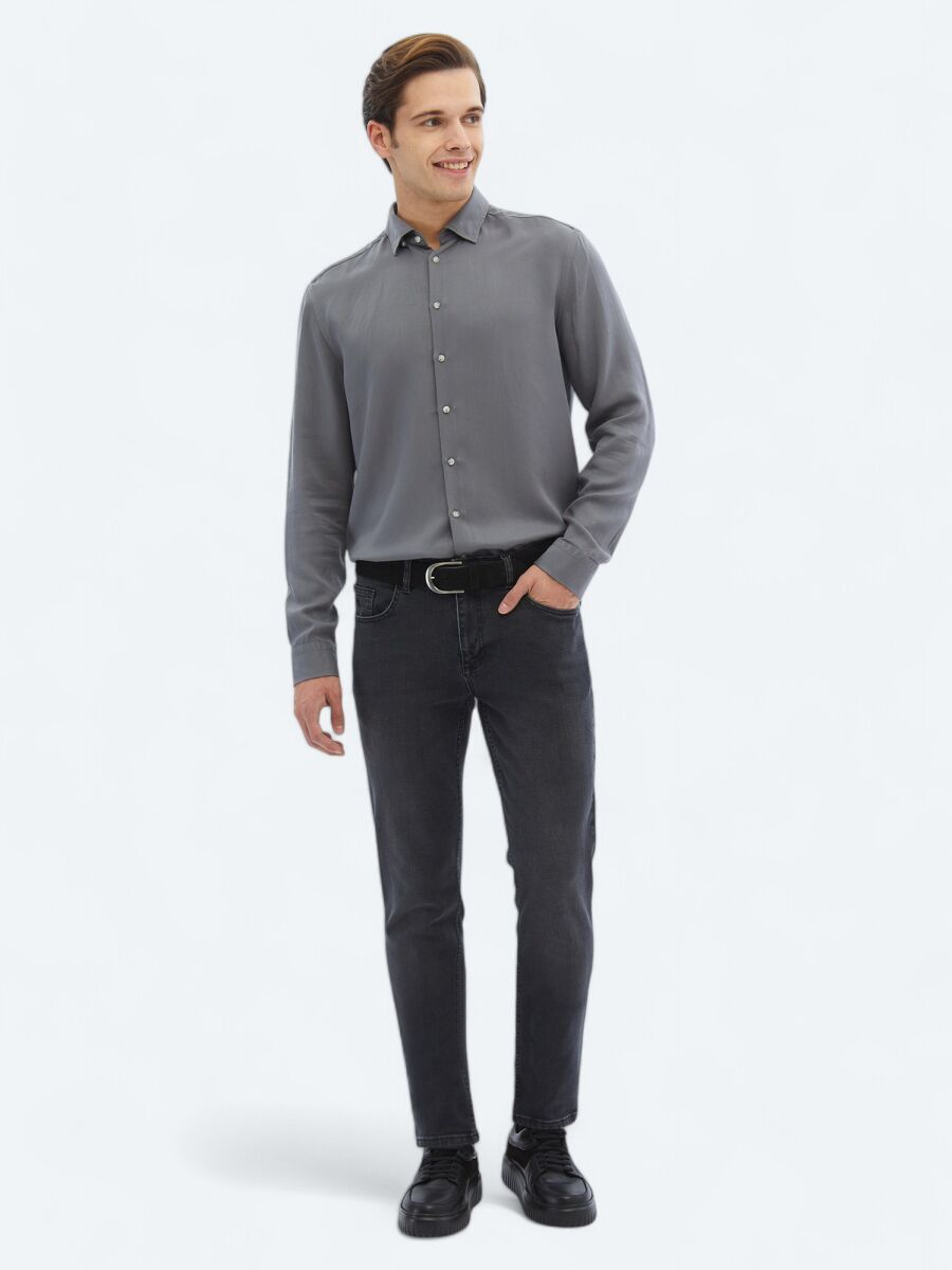 Grey Ribbed Regular Fit Long Weaving Casual Shirt - 2