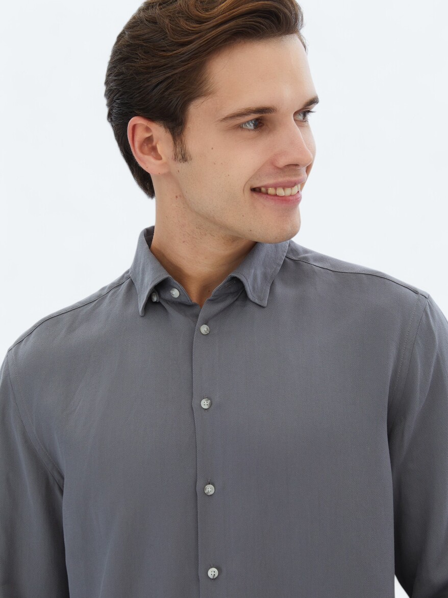 Grey Ribbed Regular Fit Long Weaving Casual Shirt - 3