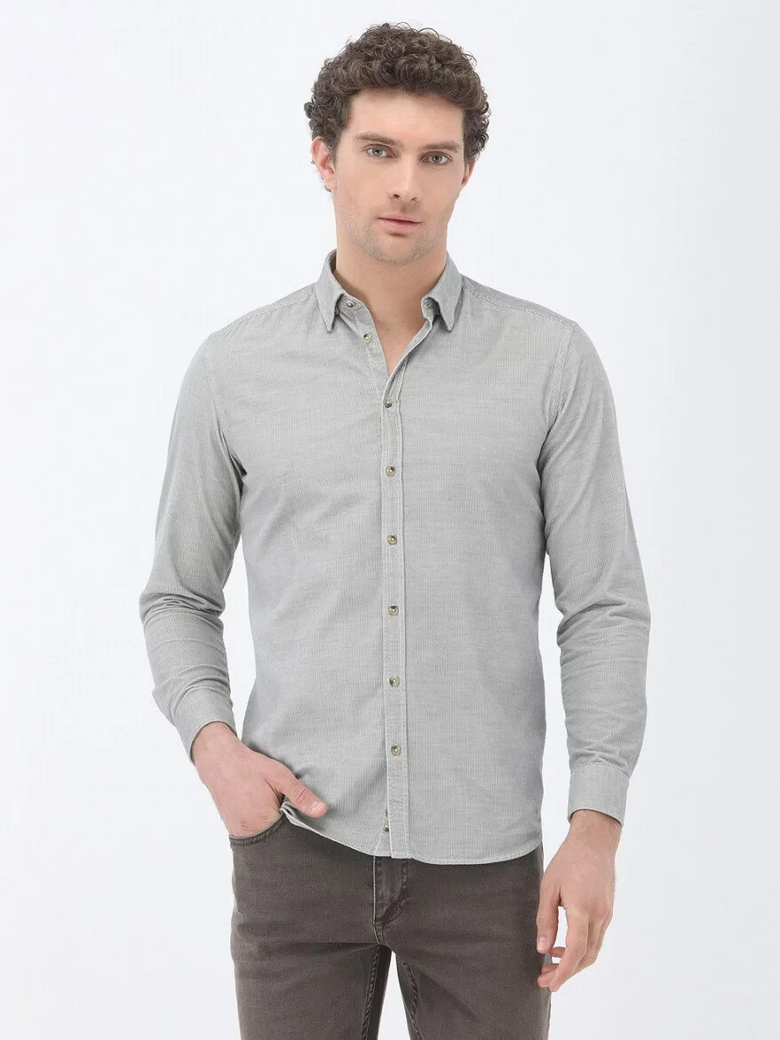 Grey Ribbed Regular Fit Weaving Casual 100% Cotton Shirt - 1