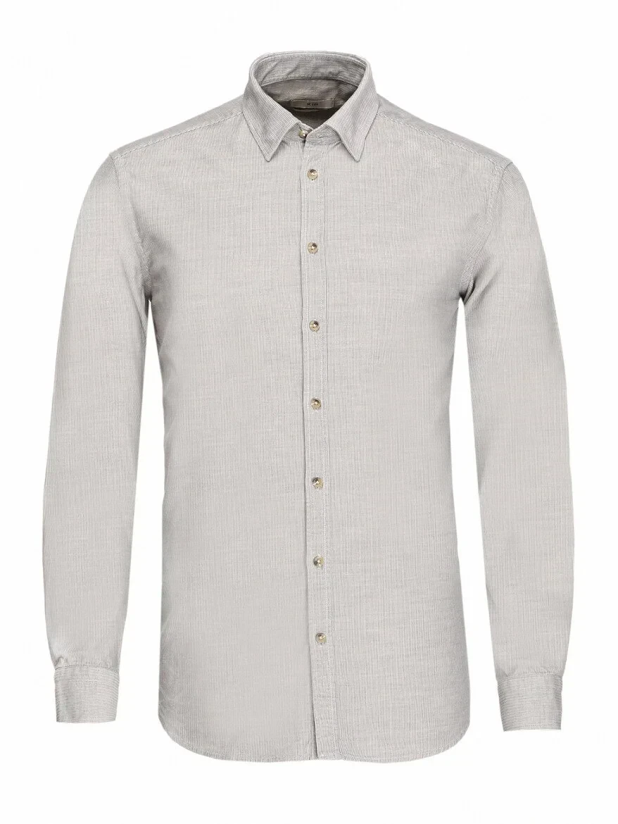 Grey Ribbed Regular Fit Weaving Casual 100% Cotton Shirt - 6