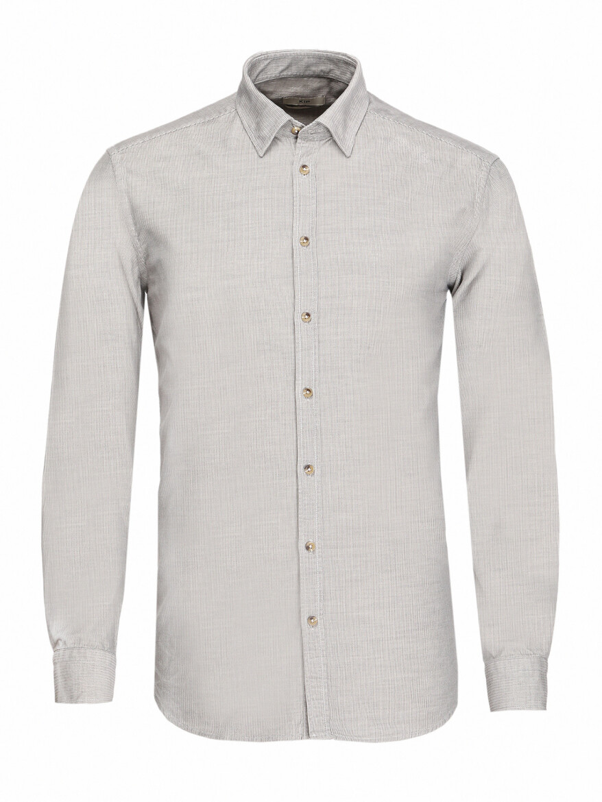 Grey Ribbed Regular Fit Weaving Casual 100% Cotton Shirt - 6