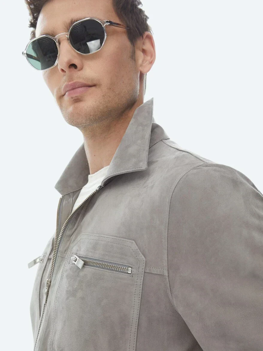 Grey Shirt Collar Smart Casual Leather Coat - 3