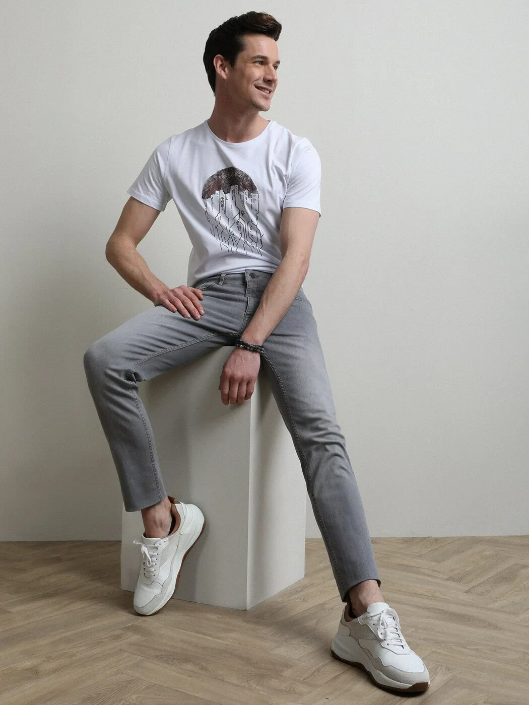 Grey Slim Fit Denim Cotton Blended Trousers - 1