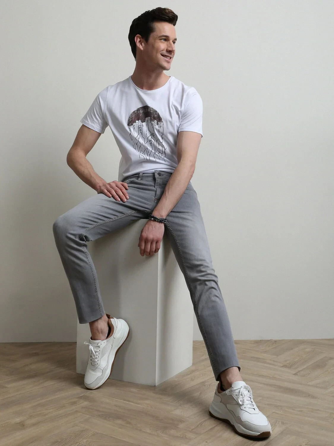 Grey Slim Fit Denim Cotton Blended Trousers - 1
