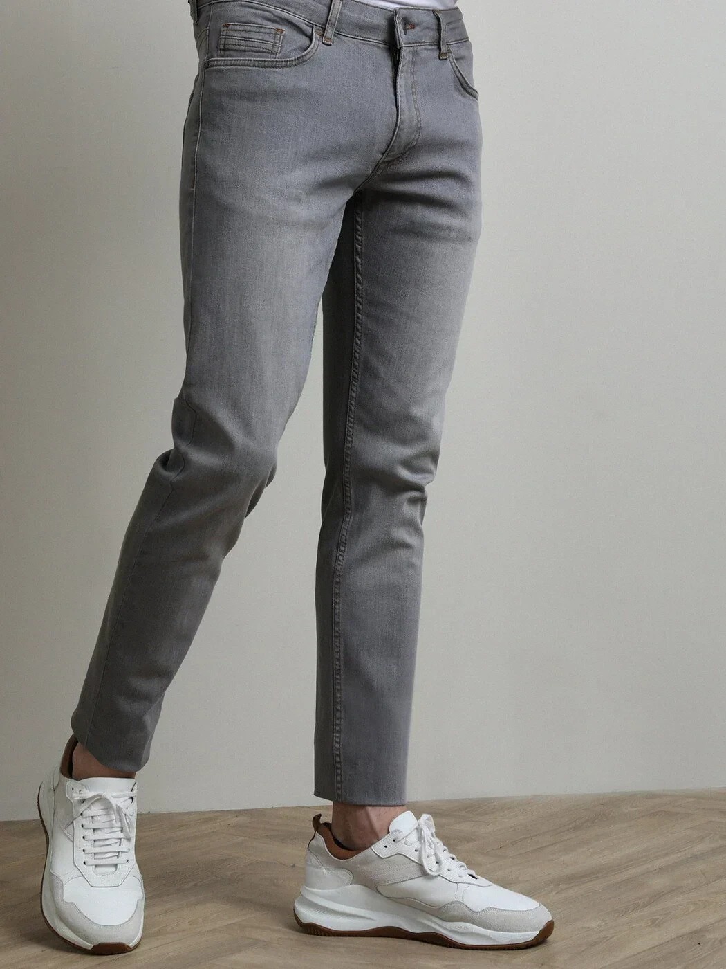 Grey Slim Fit Denim Cotton Blended Trousers - 2