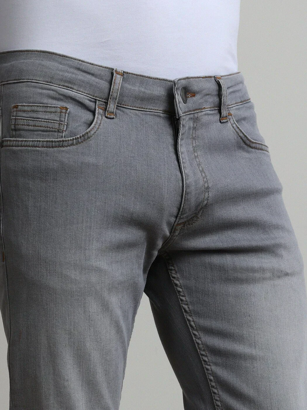Grey Slim Fit Denim Cotton Blended Trousers - 4