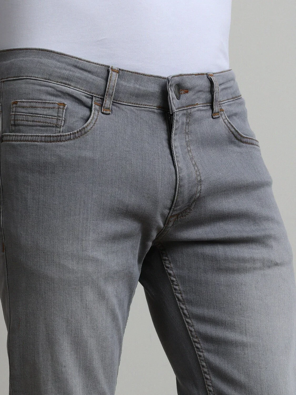 Grey Slim Fit Denim Cotton Blended Trousers - 4
