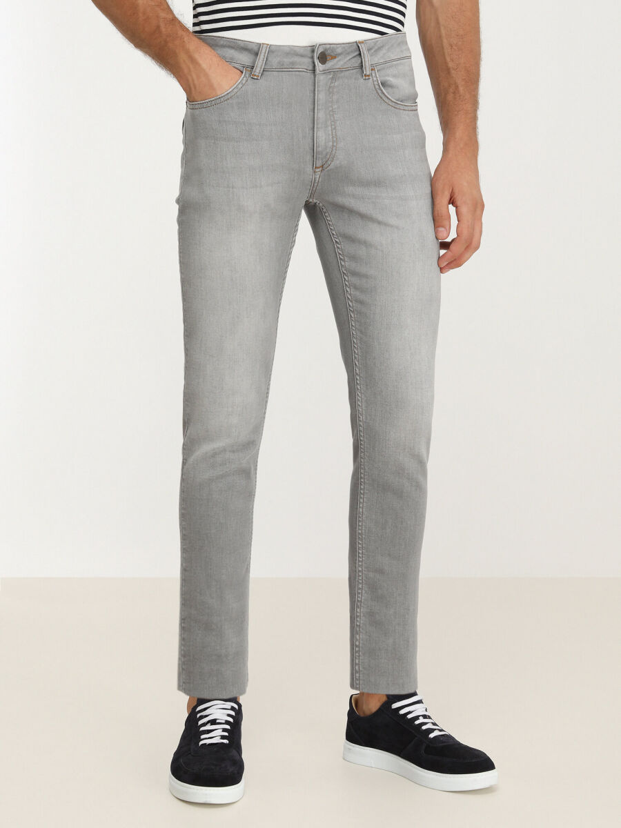 Grey Slim Fit Denim Cotton Blended Trousers - 1