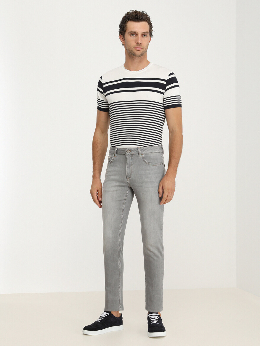 Grey Slim Fit Denim Cotton Blended Trousers - 2