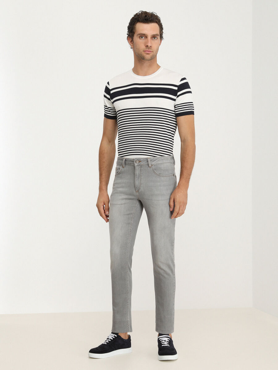 Grey Slim Fit Denim Cotton Blended Trousers - 2
