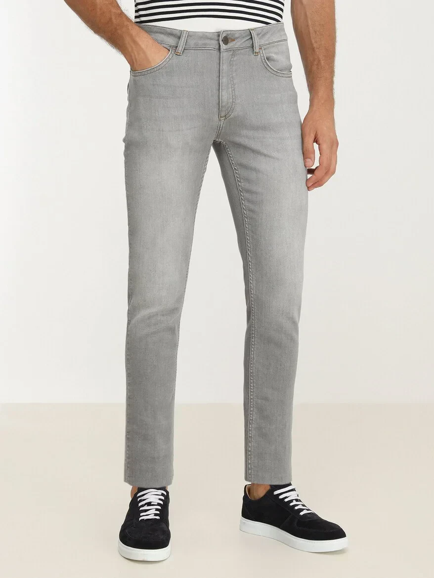 Grey Slim Fit Denim Cotton Blended Trousers - 1