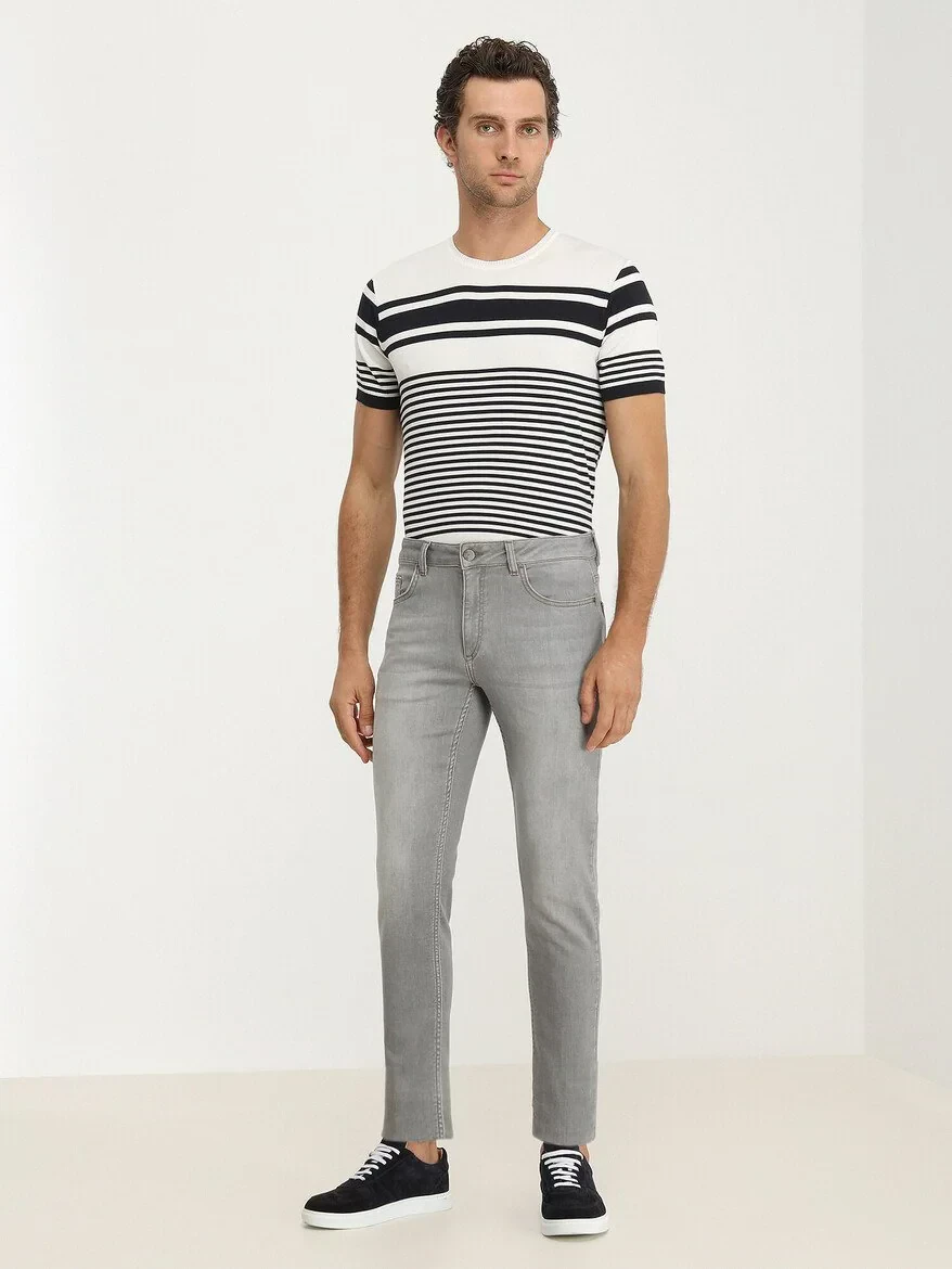Grey Slim Fit Denim Cotton Blended Trousers - 2