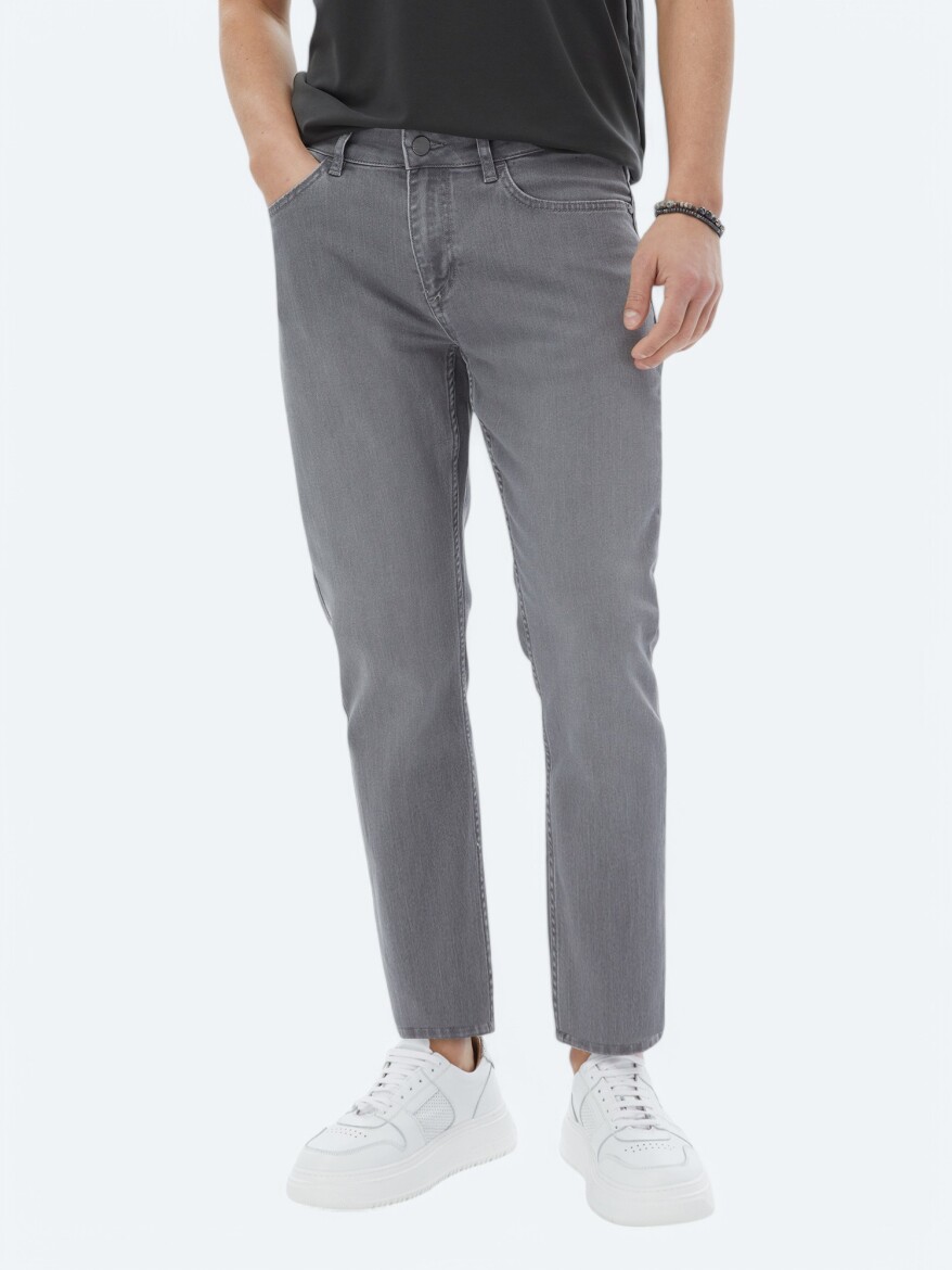 Grey Slim Fit Denim Cotton Blended Trousers - 2