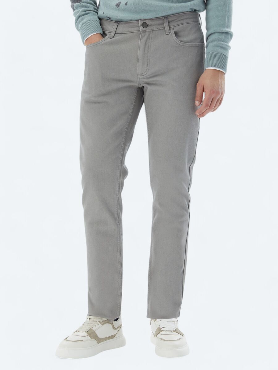 Grey Slim Fit Denim Cotton Blended Trousers - 2