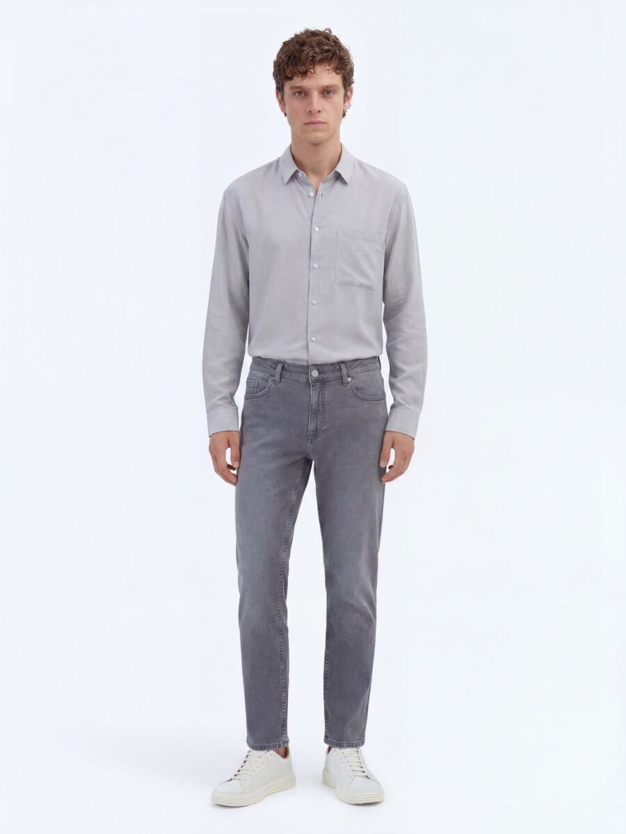 Grey Slim Fit Denim Cotton Blended Trousers - 1