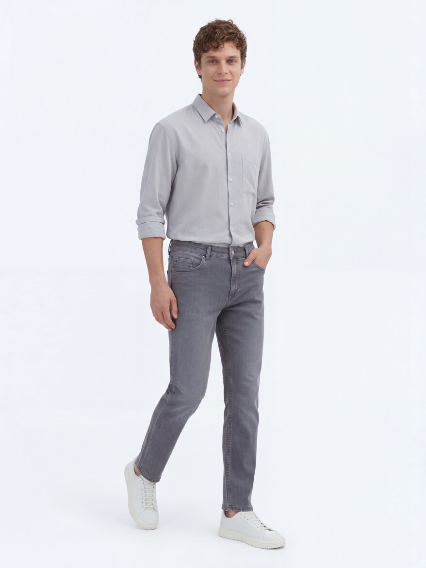 Grey Slim Fit Denim Cotton Blended Trousers - 2