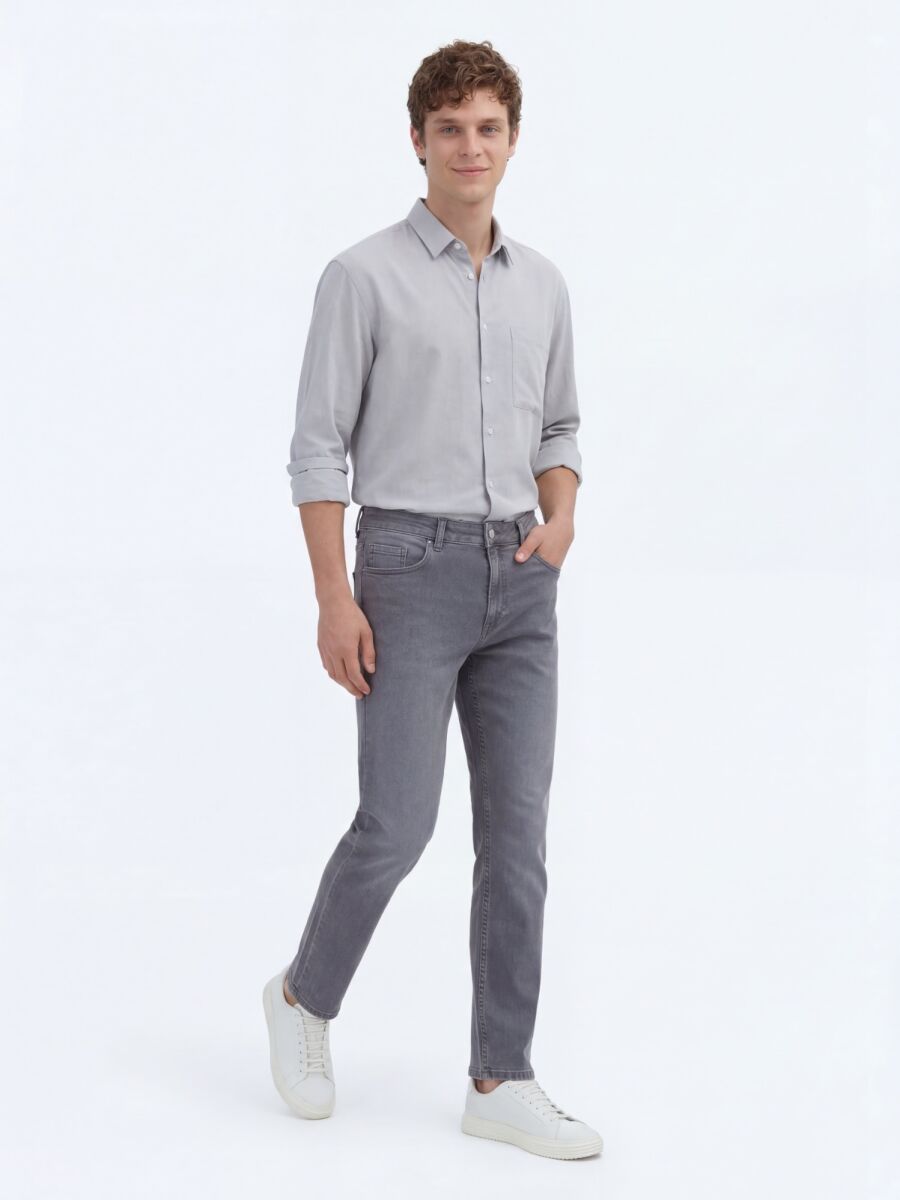 Grey Slim Fit Denim Cotton Blended Trousers - 2