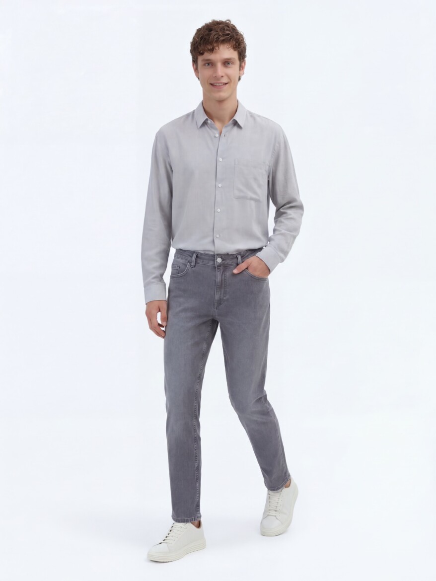 Grey Slim Fit Denim Cotton Blended Trousers - 3