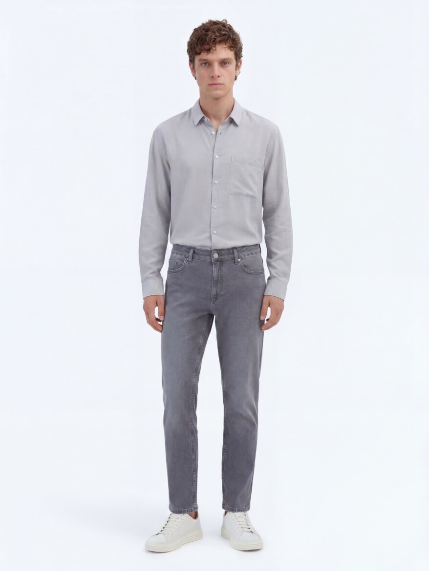 Grey Slim Fit Denim Cotton Blended Trousers - KİP