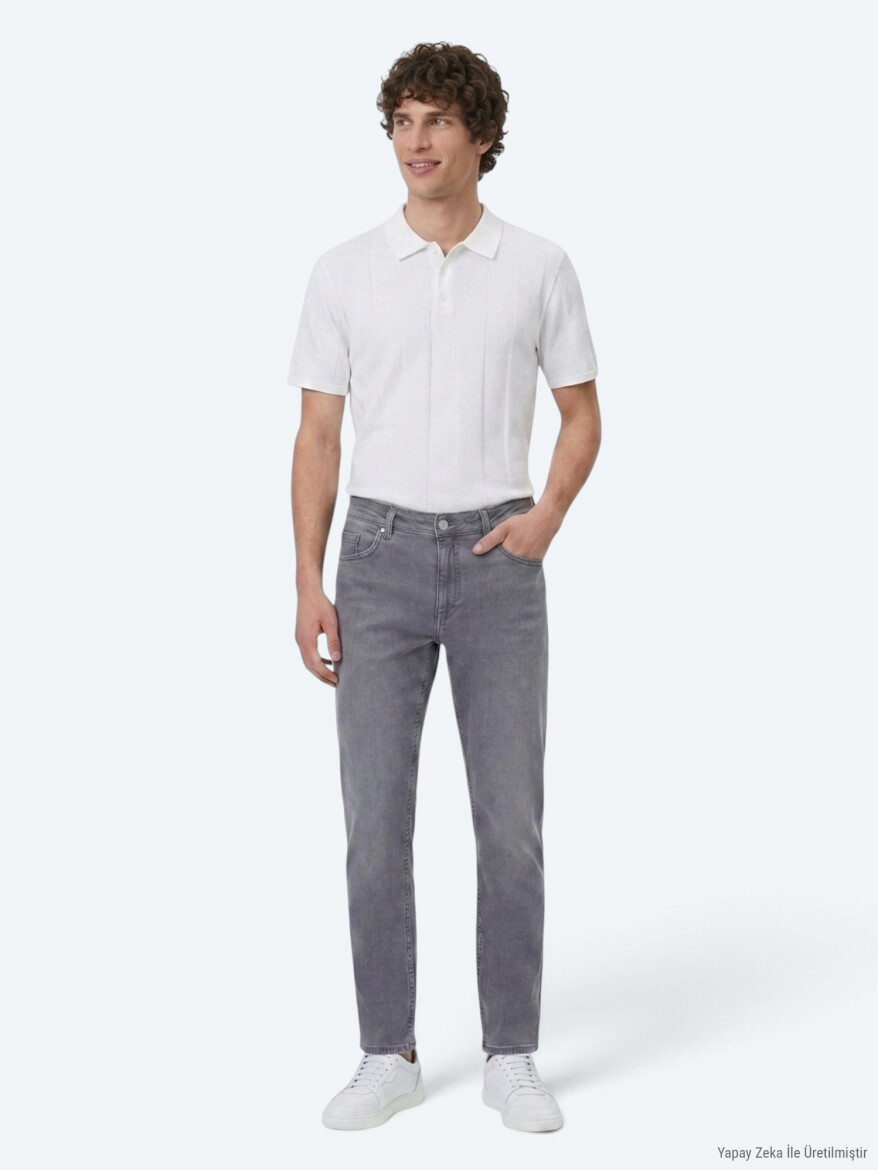 Grey Slim Fit Denim Cotton Blended Trousers - KİP