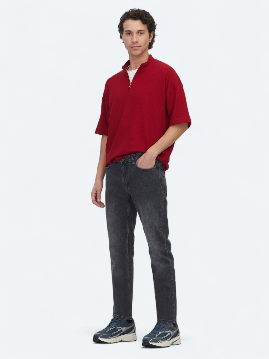 Grey Slim Fit Denim Cotton Blended Trousers - KİP