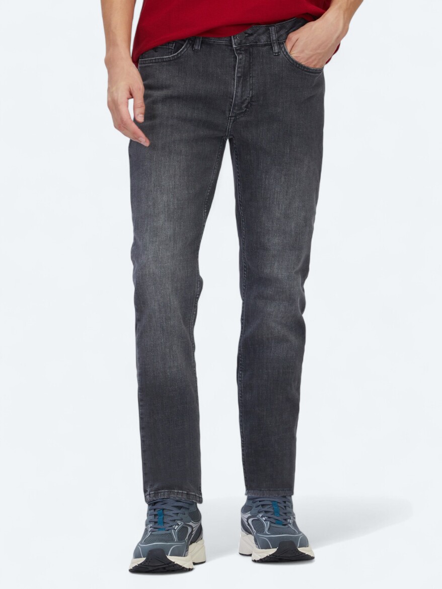 Grey Slim Fit Denim Cotton Blended Trousers - KİP