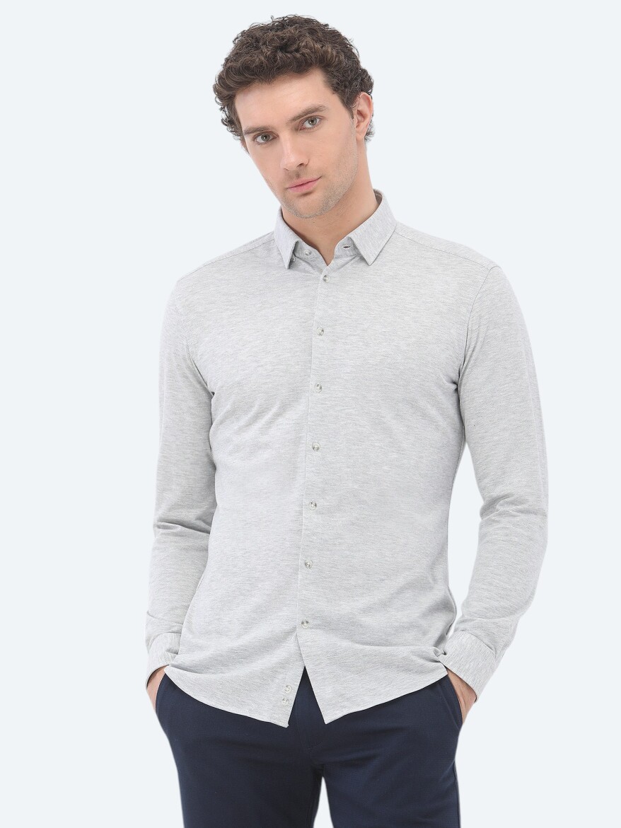 Grey Slim Fit Knitting Casual 100% Cotton Shirt - 1