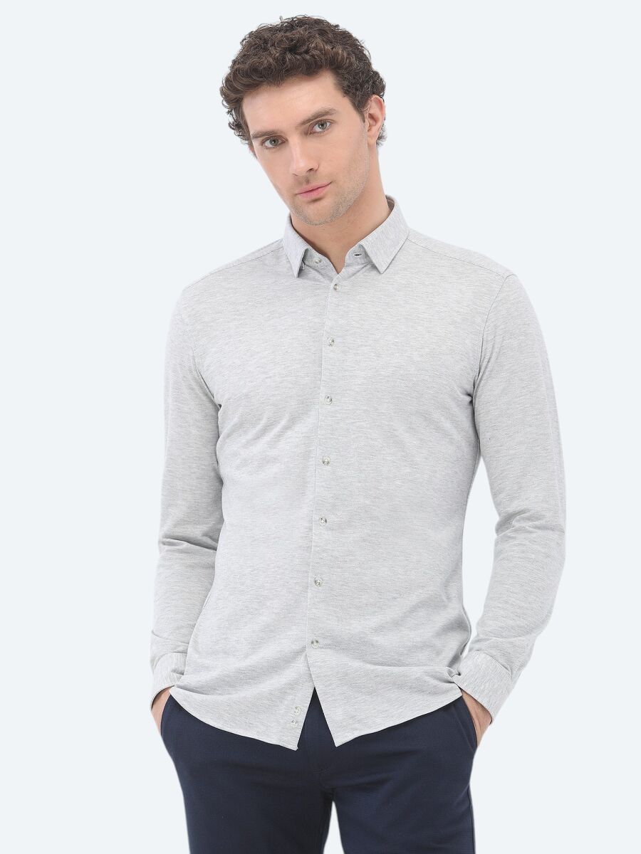 Grey Slim Fit Knitting Casual 100% Cotton Shirt - 1