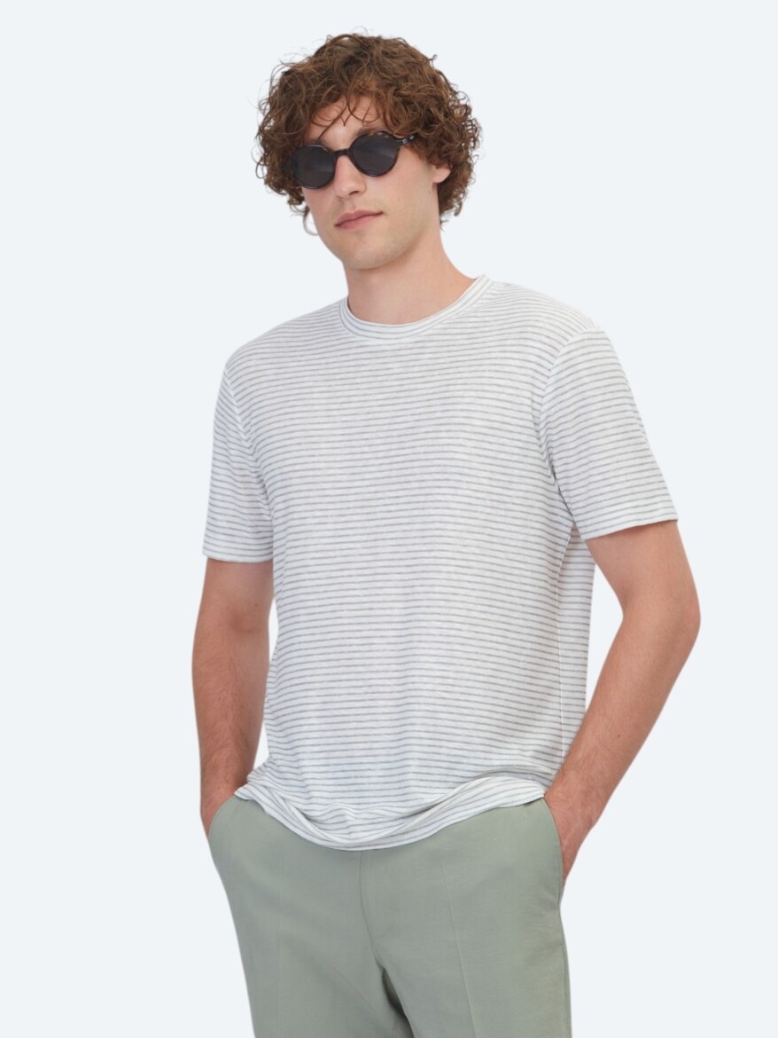 Grey Striped 100% Linen T-Shirt - KİP