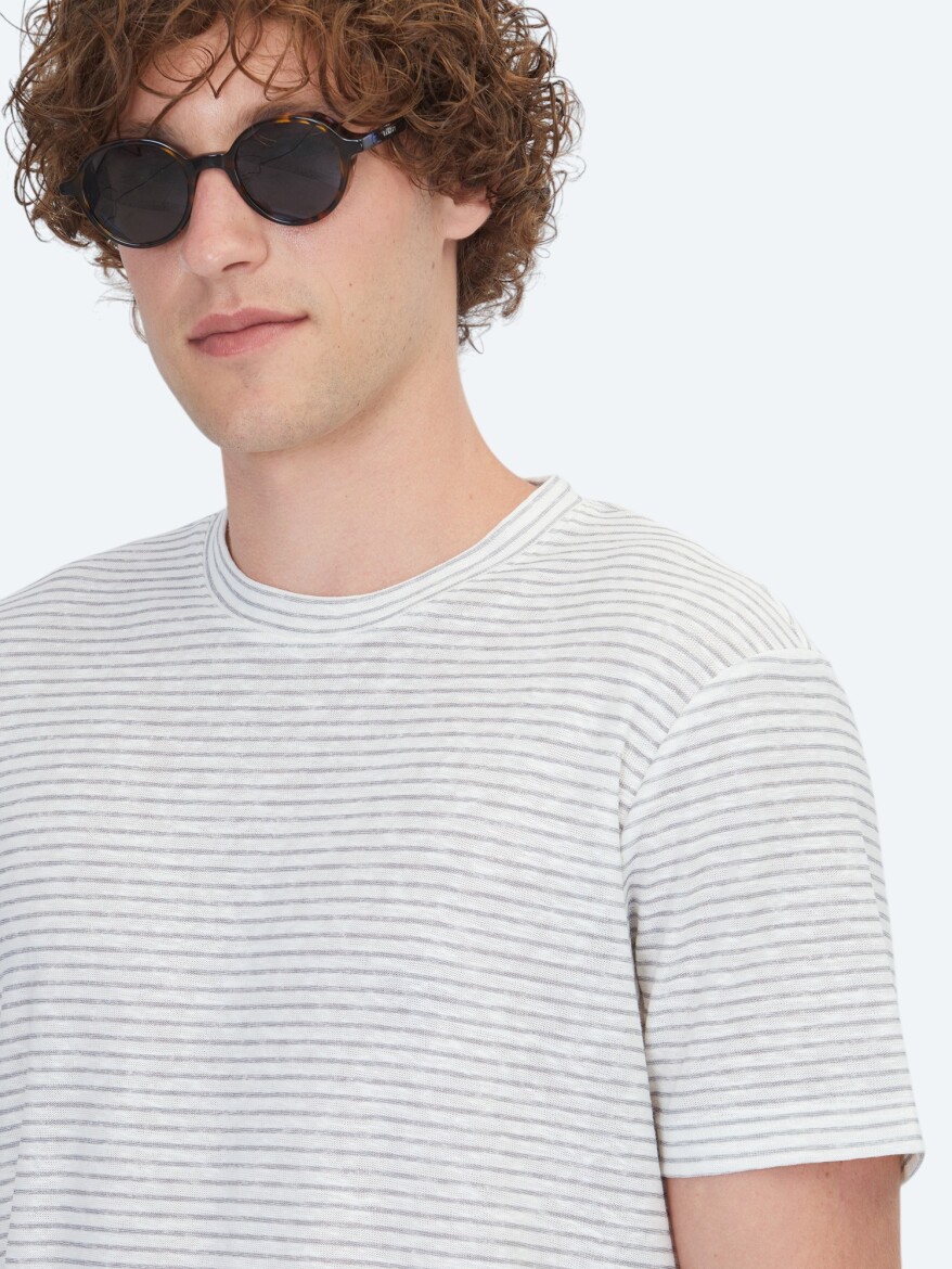Grey Striped 100% Linen T-Shirt - 3