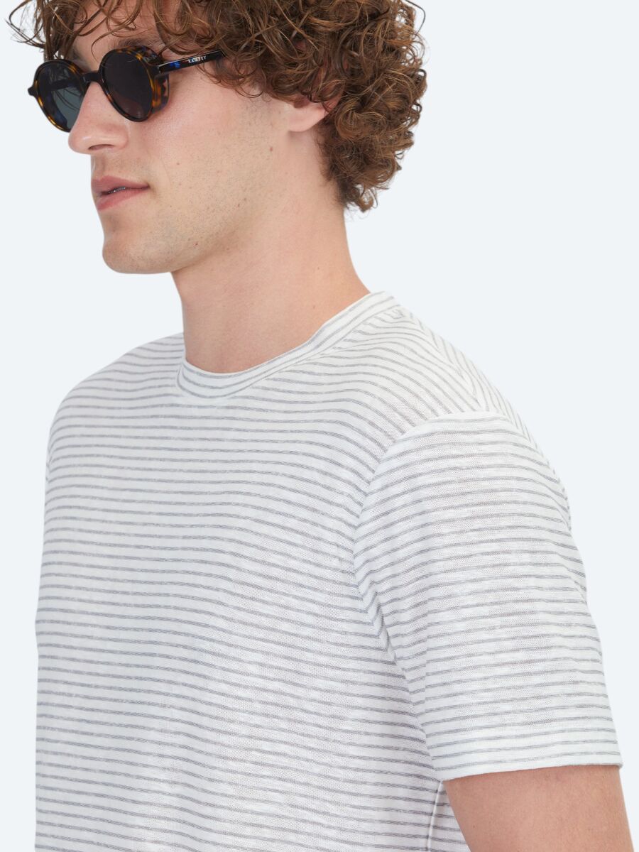 Grey Striped 100% Linen T-Shirt - 4