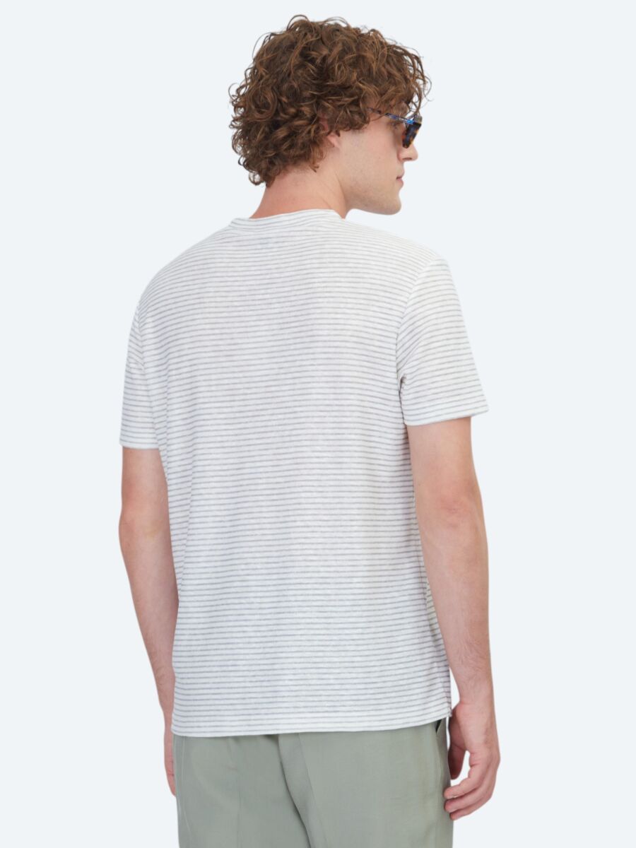 Grey Striped 100% Linen T-Shirt - 5