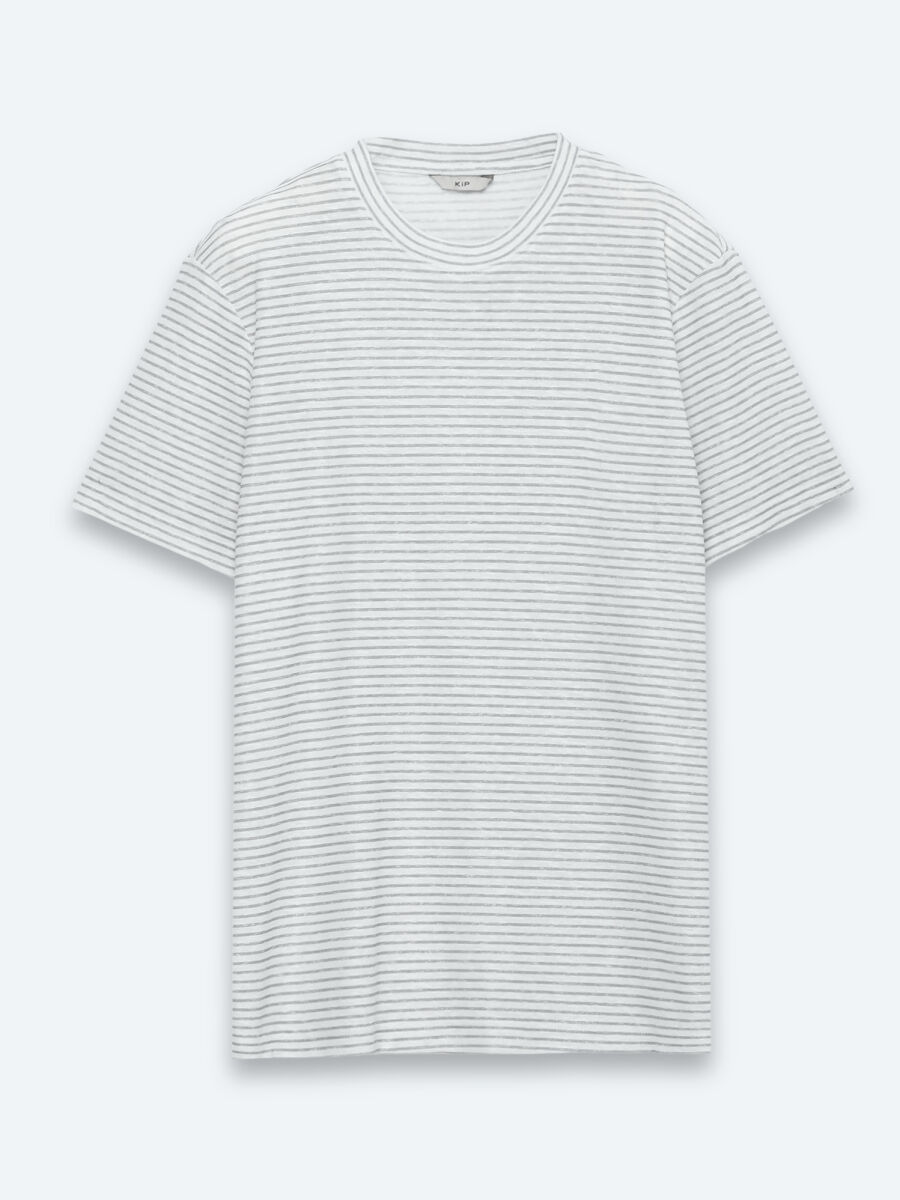 Grey Striped 100% Linen T-Shirt - 6