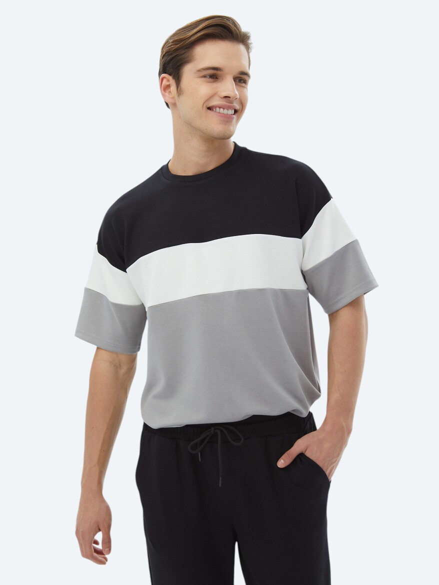 Grey Striped Crew Neck T-Shirt - 1