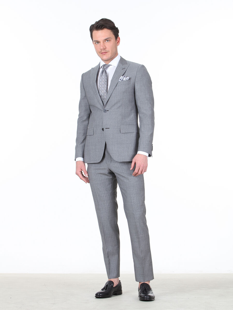 Grey Striped Modern Fit 100% Wool Suit - 2