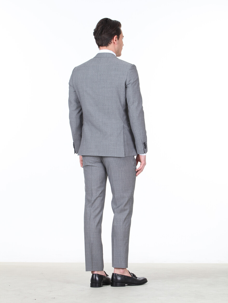 Grey Striped Modern Fit 100% Wool Suit - 4