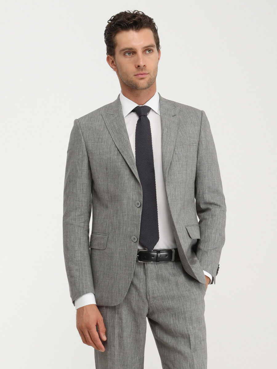 Grey Striped Modern Fit Cotton Blended Suit - 1